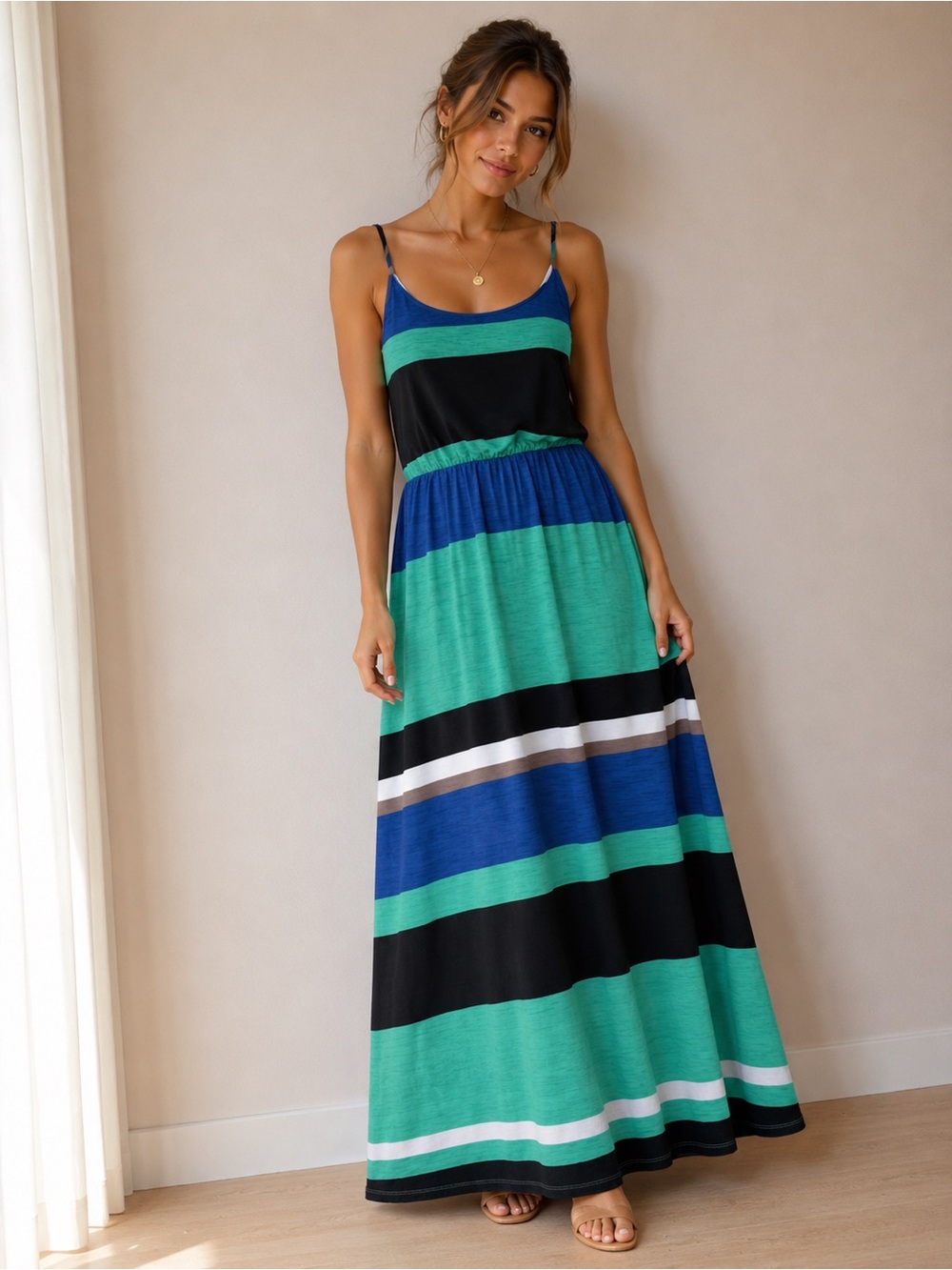 Blue Sketch Colorblock Striped Jersey Knit Maxi Sundress - Size Medium